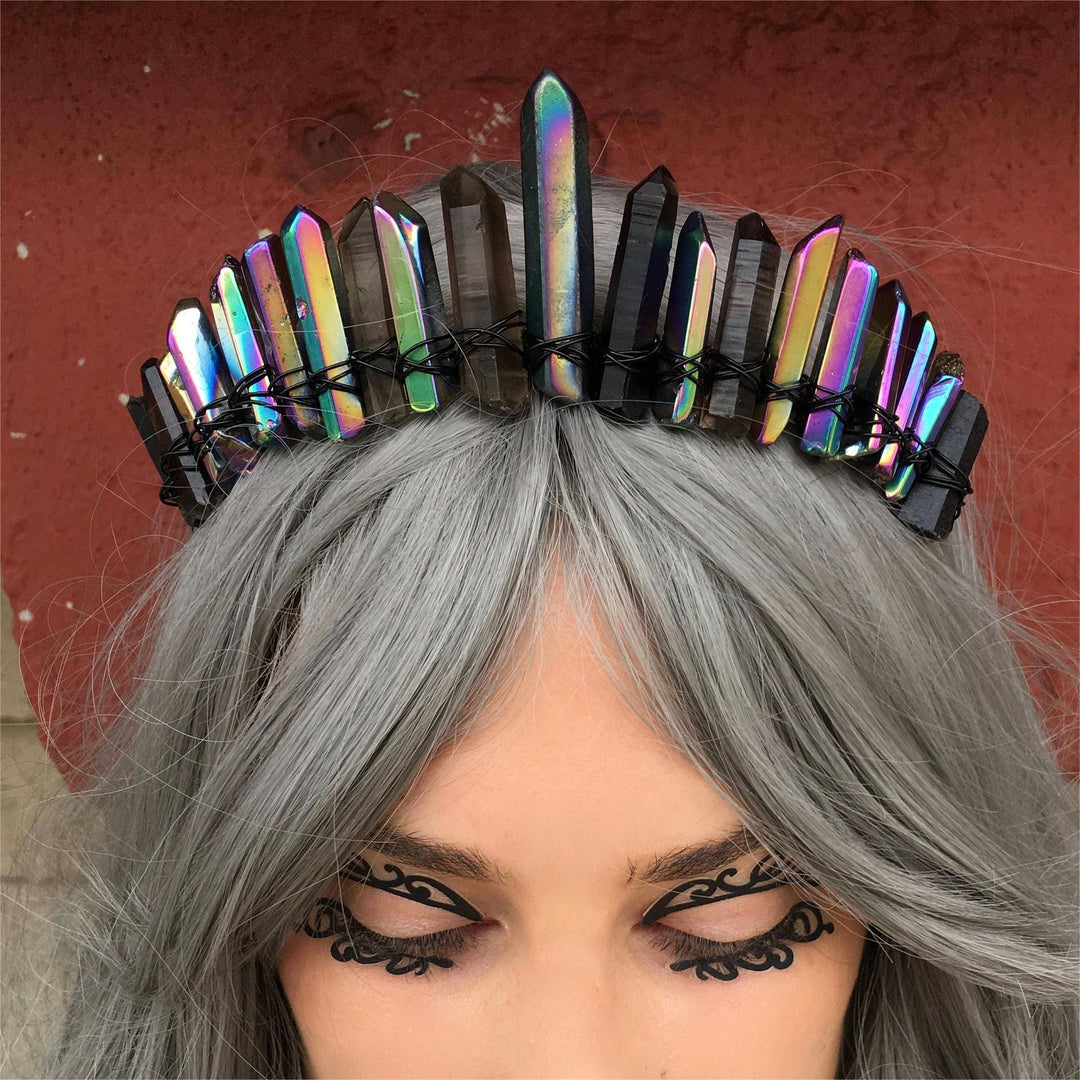 Couronne de cristal de sorcière gothique en quartz fumé et labradorite Olivenorma