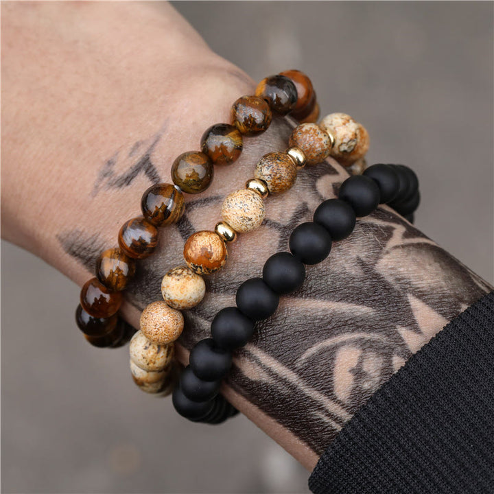 Olivenorma Lot de 3 bracelets en perles de jaspe et œil de tigre en onyx noir