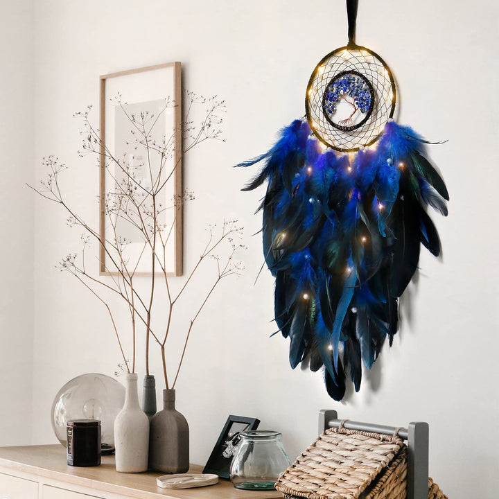 Attrape-rêves en cristal arbre de vie avec plumes phosphorescentes Olivenorma