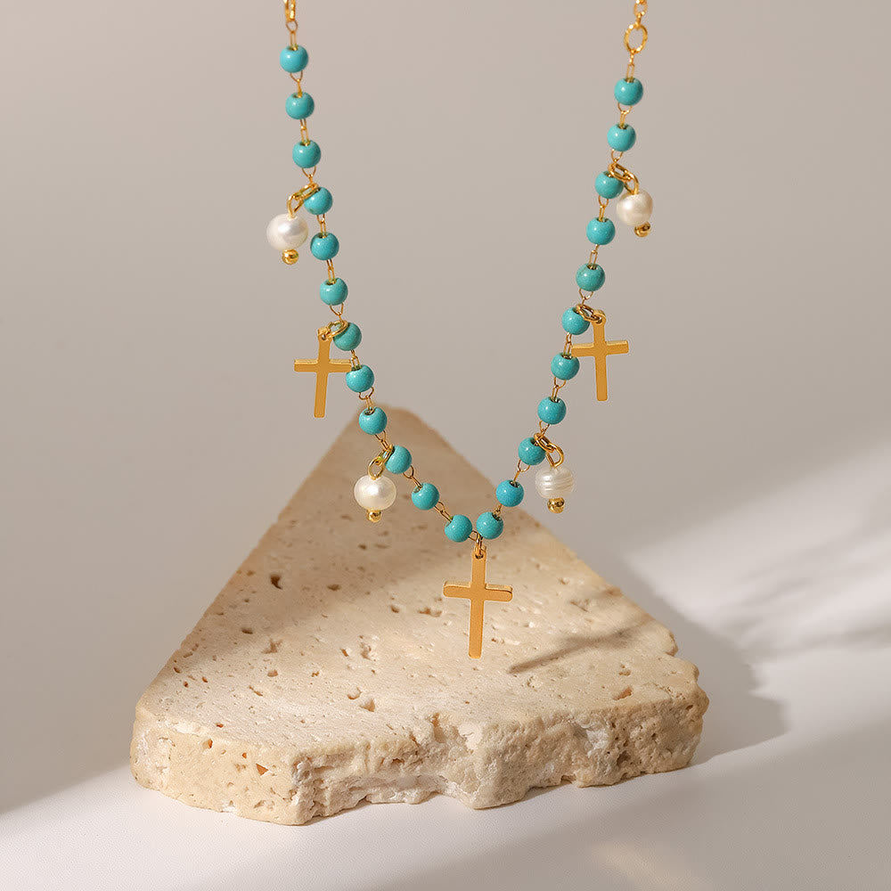 Collier à pampilles avec pendentif en croix et perles turquoise Olivenorma