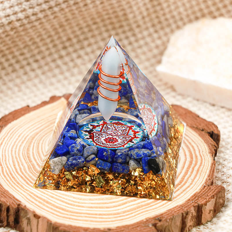 Pilier d'aigue-marine Olivenorma avec pyramide d'orgone Hamsa en lapis-lazuli