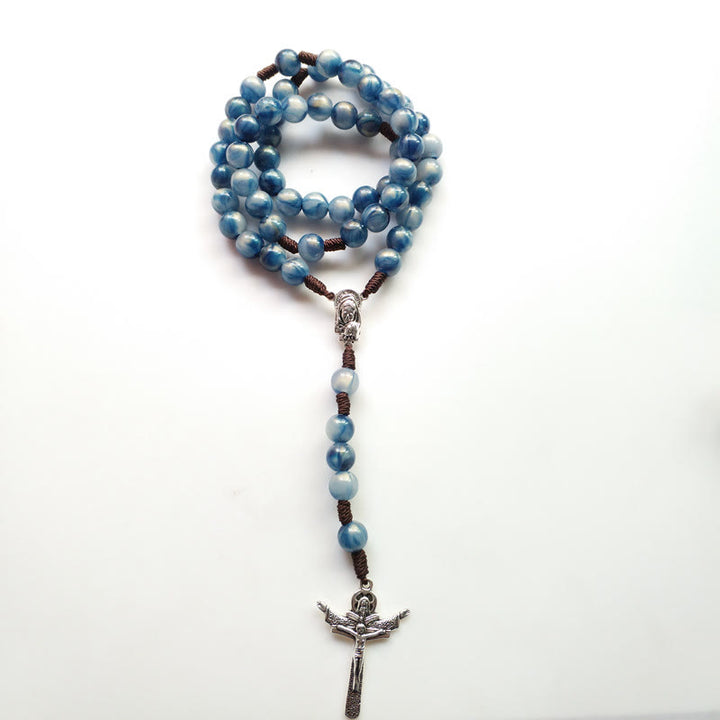 Collier chapelet avec croix de Jésus en pierre œil de chat bleu Olivenorma