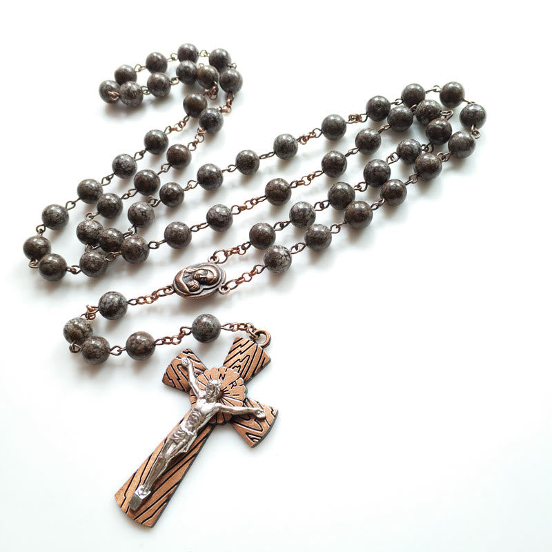 Collier chapelet en obsidienne flocon de neige avec croix de Jésus Olivenorma