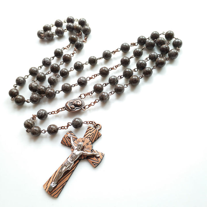 Collier chapelet en obsidienne flocon de neige avec croix de Jésus Olivenorma