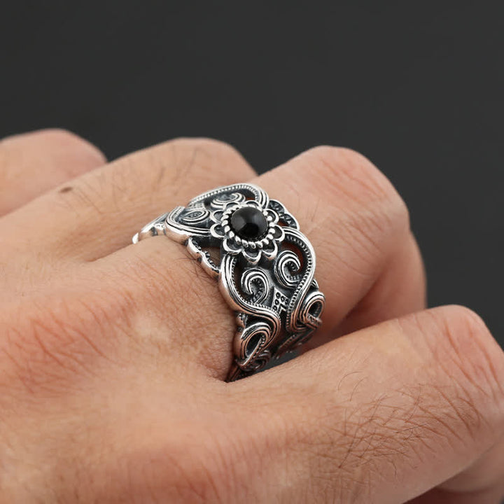 Bague ajustable à motif ethnique en onyx noir Olivenorma
