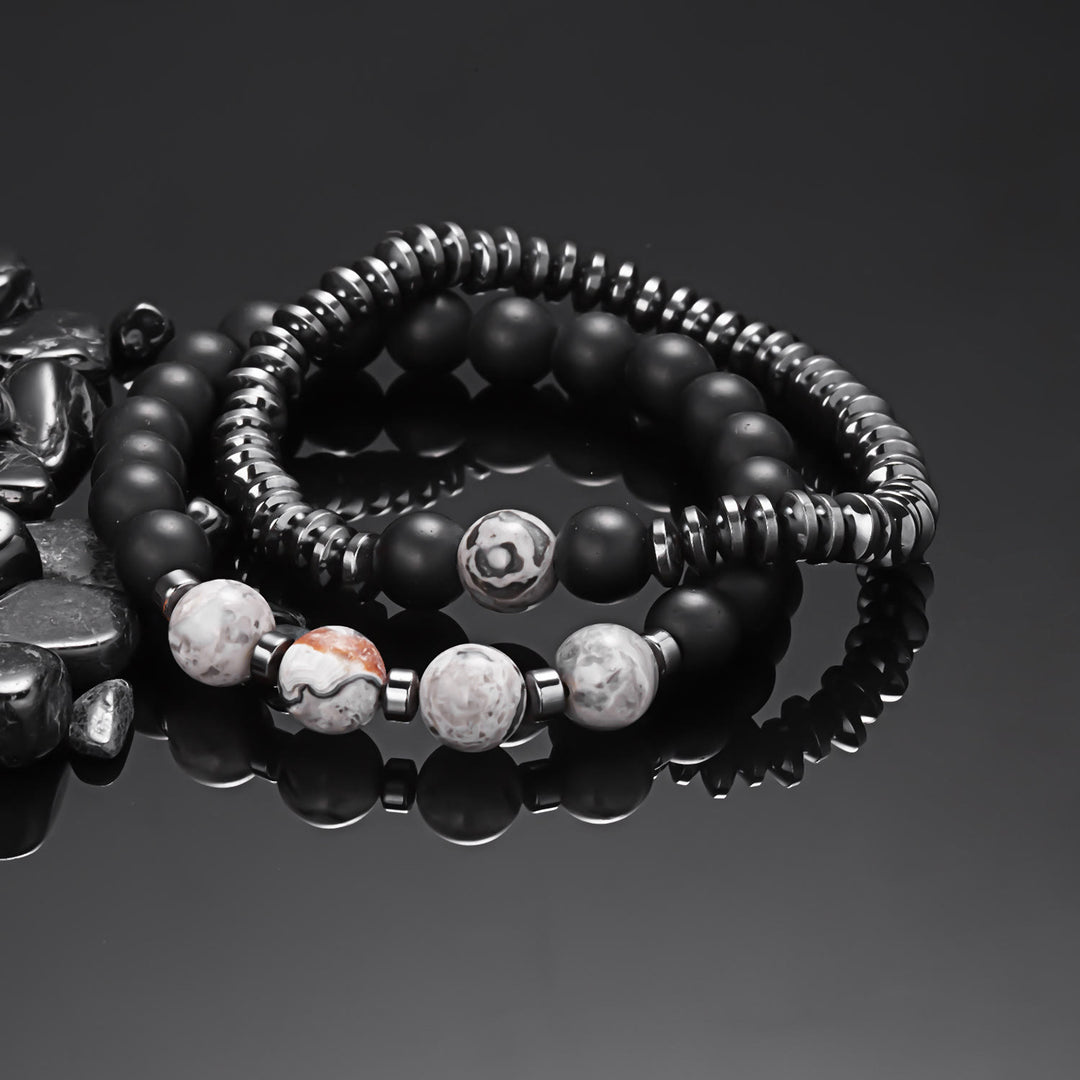 Ensemble de bracelets à perles pour hommes en jaspe gris et onyx noir Olivenorma