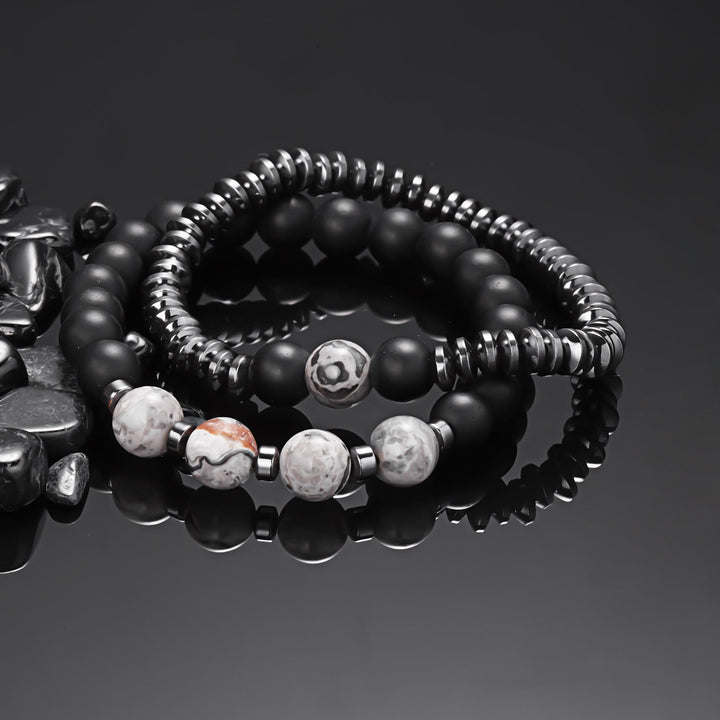 Ensemble de bracelets à perles pour hommes en jaspe gris et onyx noir Olivenorma
