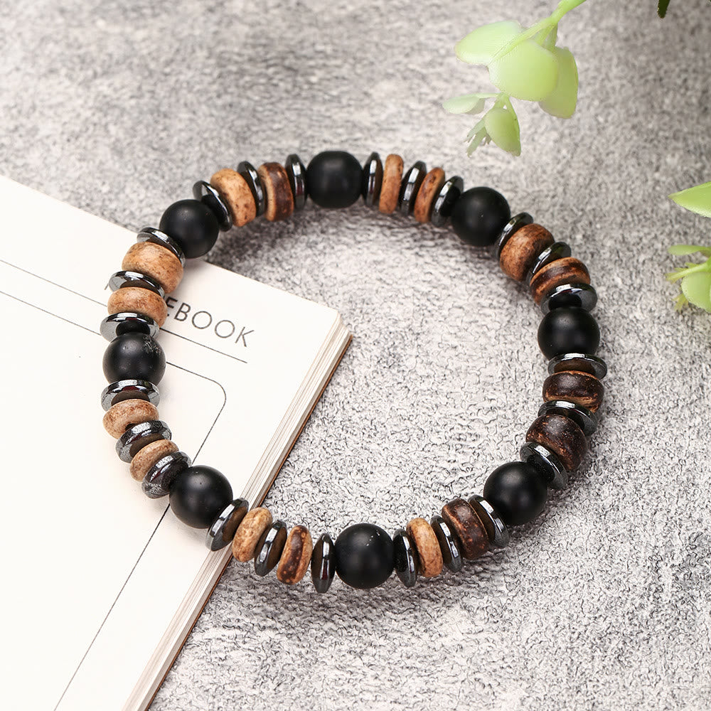 Bracelet de perles en onyx noir, hématite et bronzite de 8 mm Olivenorma