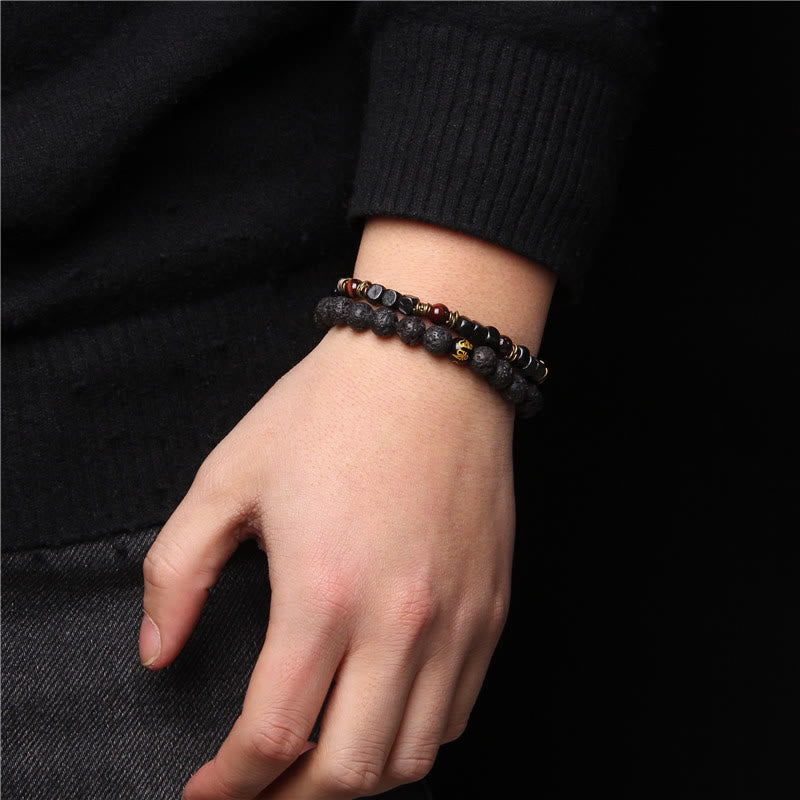 Bracelet homme double couche avec pendentif croix en pierre naturelle Olivenorma