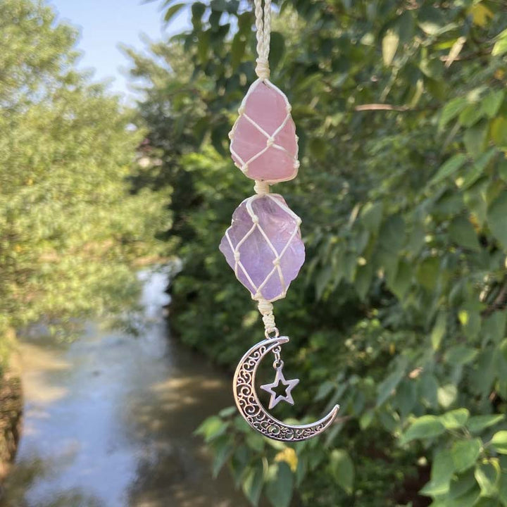 Carillon à vent en pierre de cristal naturel avec symbole de la lune et de l'étoile