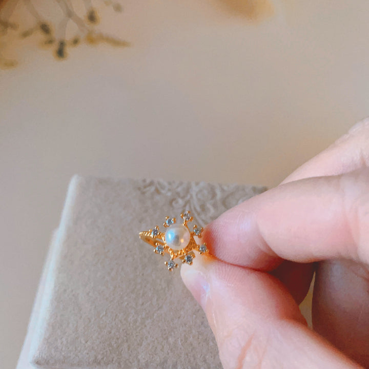 Bague en perle naturelle avec zircon et fleur romantique Olivenorma