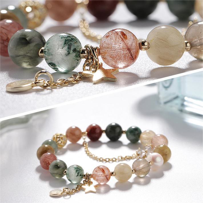 Bracelet de perles en or, quartz rutile et tourmaline, étoile et lune , Olivenorma
