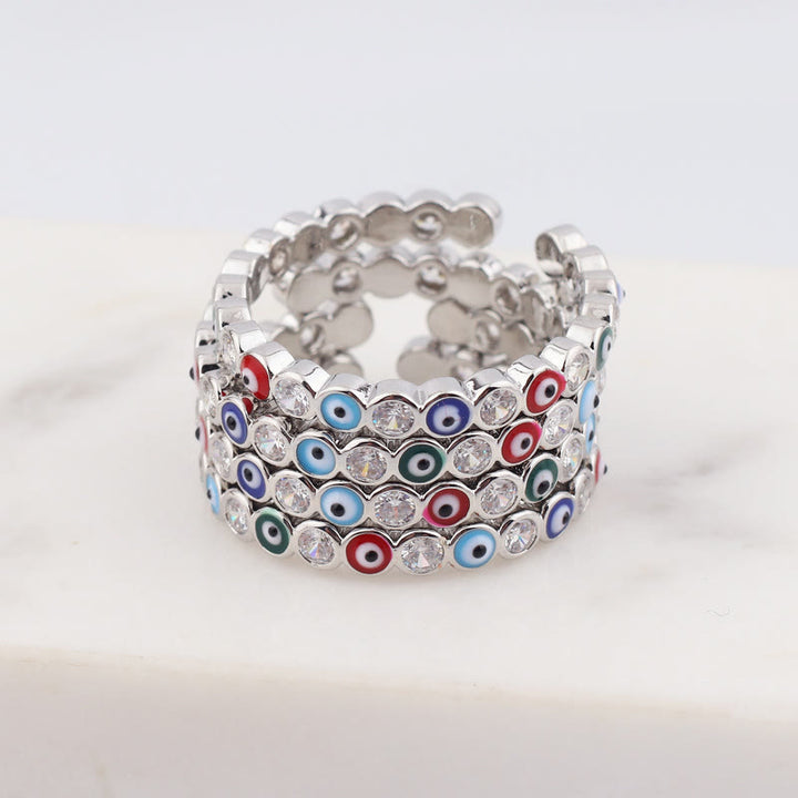 Bague ajustable en zircon blanc avec mauvais œil coloré Olivenorma