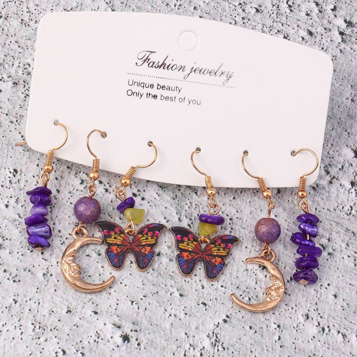 Ensemble de boucles d'oreilles pendantes en forme de papillon et de lune en agate violette améthyste Olivenorma