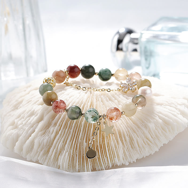 Bracelet de perles en or, quartz rutile et tourmaline, étoile et lune , Olivenorma