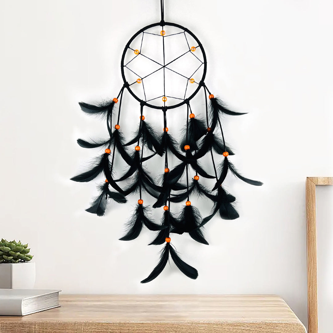 Attrape-rêves d'Halloween Olivenorma en plumes noires et perles orange