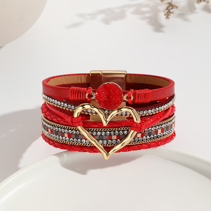 Bracelet en cuir tressé avec cœur métallique et grappe de cristaux multicolores Olivenorma