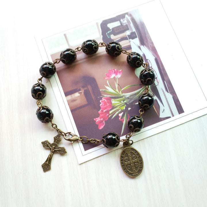 Bracelet chapelet avec pendentif croix en obsidienne sacrée Olivenorma