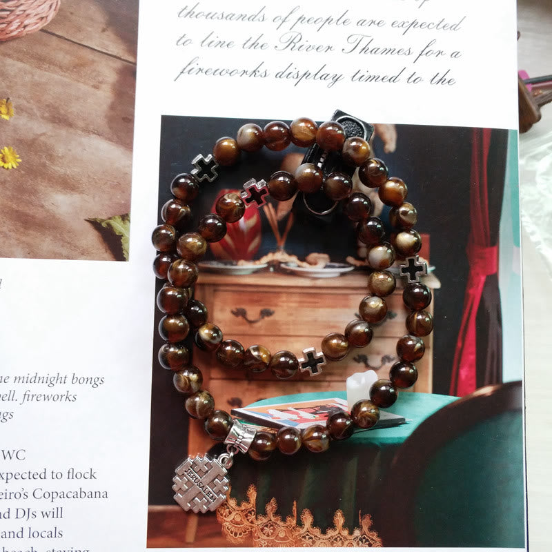 Bracelet chapelet avec pendentif en croix en œil de tigre Olivenorma