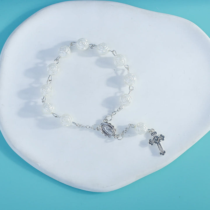 Bracelet chapelet chrétien avec croix et fleur de rose blanche Olivenorma
