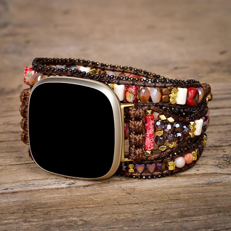 Bracelet de montre Fitbit tissé à la main avec perles en pierre rouge Olivenorma à 3 couches