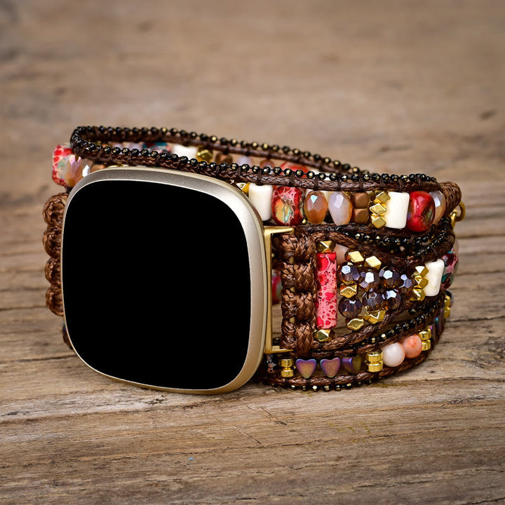 Bracelet de montre Fitbit tissé à la main avec perles en pierre rouge Olivenorma à 3 couches