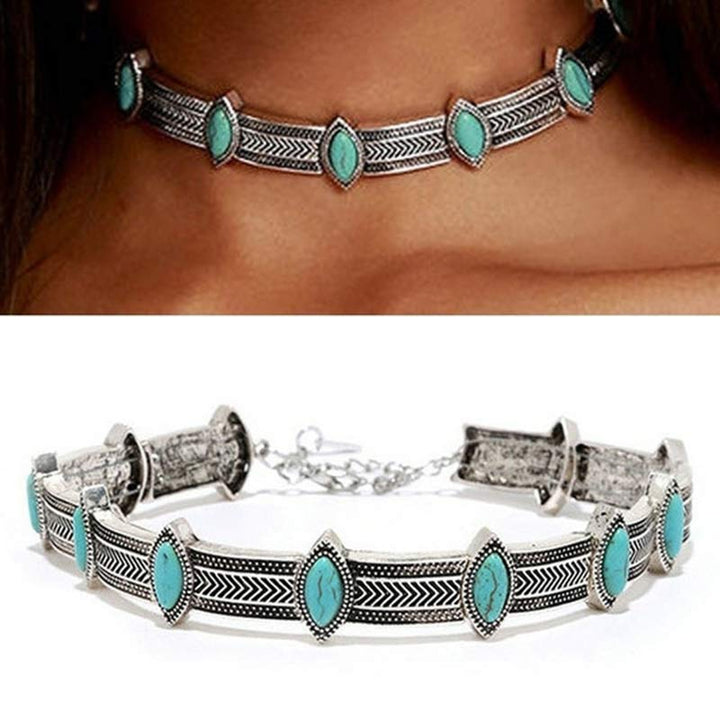 Collier ras du cou ethnique turquoise de style rétro