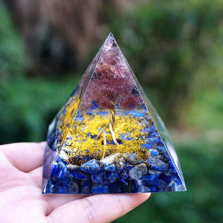 Lapis-lazuli Olivenorma avec pyramide d'orgone de l'arbre de vie en quartz fraise