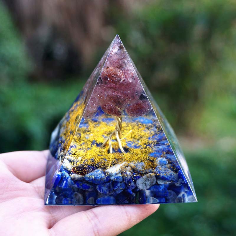 Lapis-lazuli Olivenorma avec pyramide d'orgone de l'arbre de vie en quartz fraise