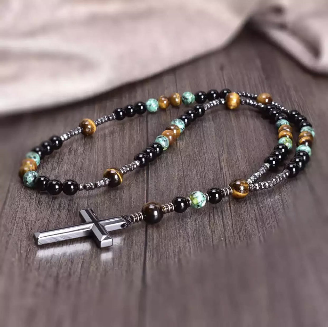 Collier pendentif chapelet catholique en pierre naturelle avec croix Olivenorma