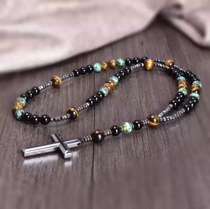 Collier pendentif chapelet catholique en pierre naturelle avec croix Olivenorma