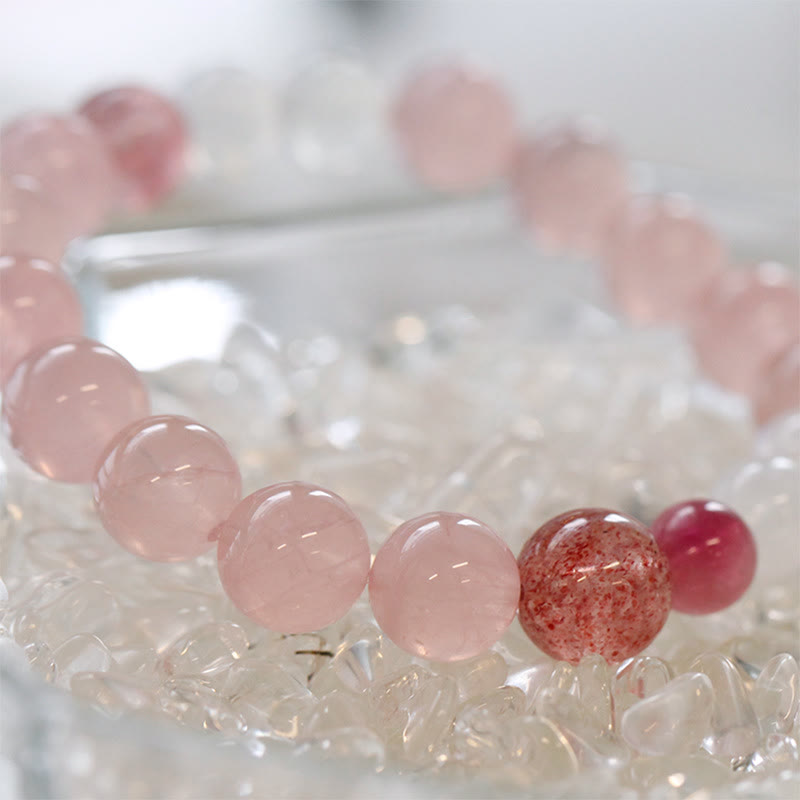 Bracelet en perles de quartz transparent rose fraise Olivenorma