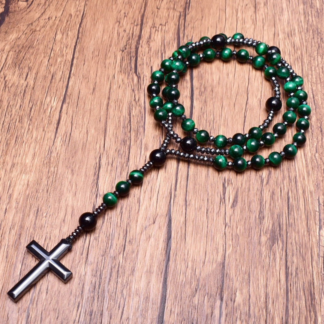 Collier chapelet pour homme avec croix en œil de tigre et lapis-lazuli Olivenorma