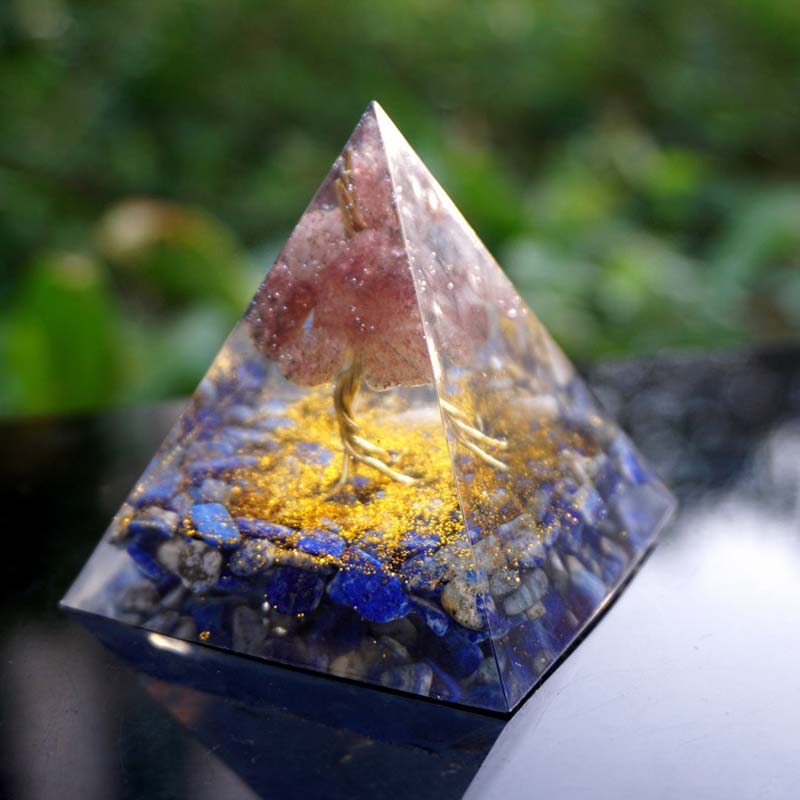 Lapis-lazuli Olivenorma avec pyramide d'orgone de l'arbre de vie en quartz fraise