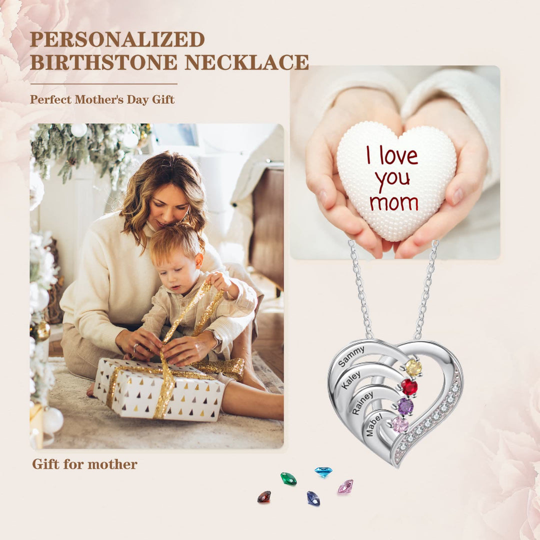 Collier en forme de cœur gravé avec pierres de naissance personnalisées Olivenorma