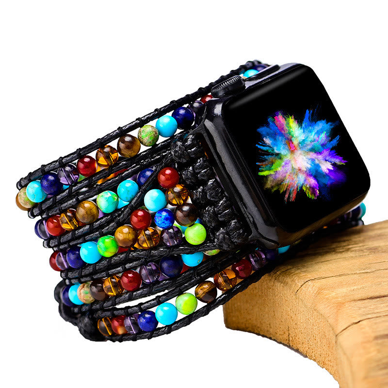 Bracelet de montre Apple tissé à la main avec pierres chakra à 5 couches Olivenorma