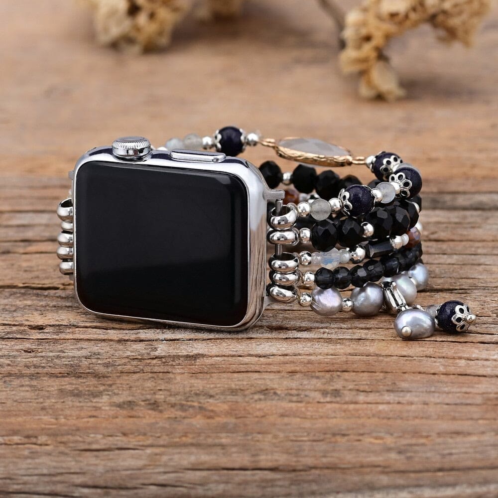 Bracelet enveloppant pour Apple Watch en obsidienne et agate blanche Olivenorma