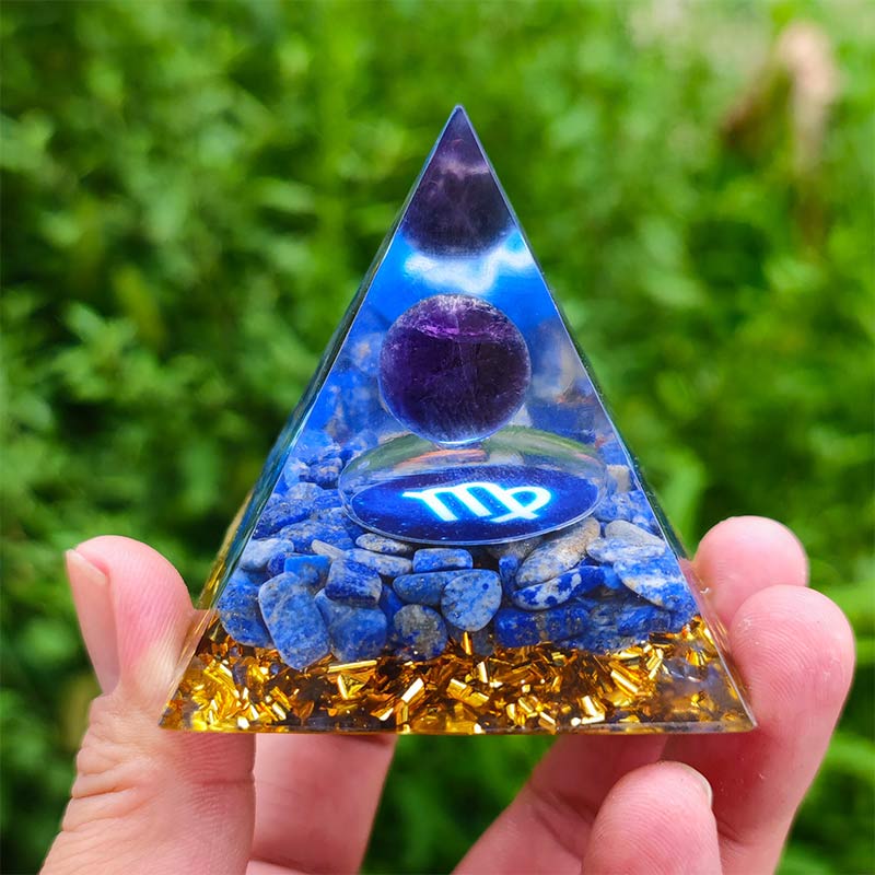 Pyramide d'orgone du zodiaque Vierge en améthyste Olivenorma avec lapis-lazuli