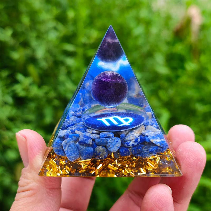 Pyramide d'orgone du zodiaque Vierge en améthyste Olivenorma avec lapis-lazuli