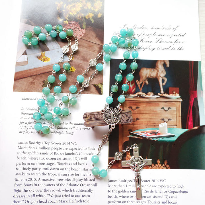 Collier pendentif chapelet en forme de croix et médaille d'amazonite Olivenorma - image 5