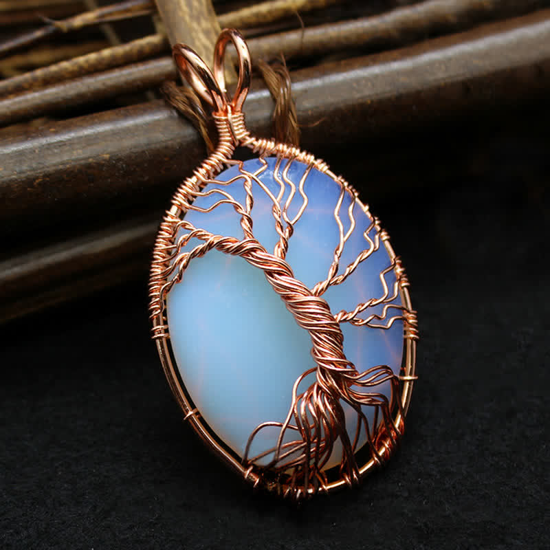 Collier ovale en pierre précieuse arbre de vie œil de tigre Olivenorma