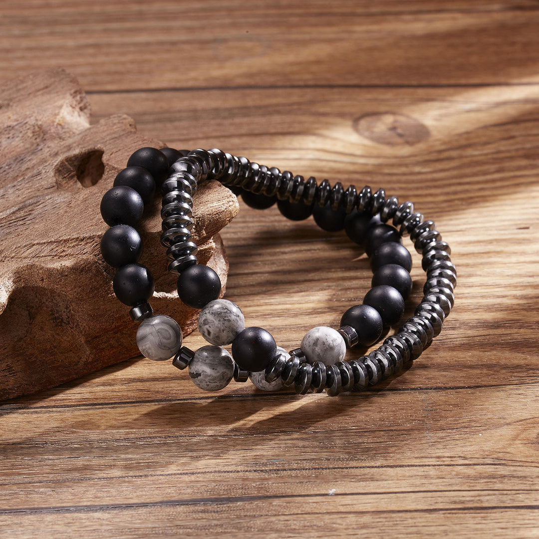Ensemble de bracelets à perles pour hommes en jaspe gris et onyx noir Olivenorma