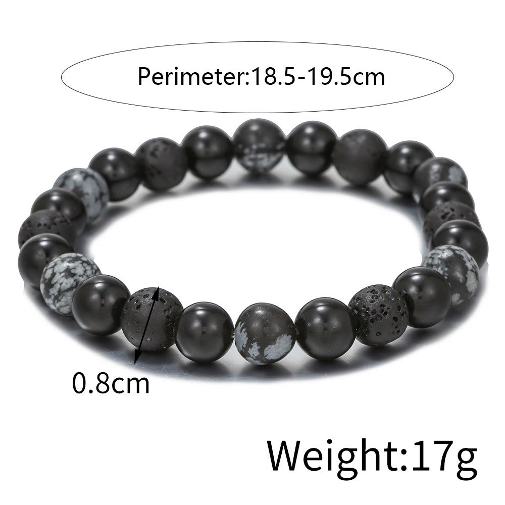 Bracelet pour homme en perles de pierre de lave, obsidienne flocon de neige et onyx noir Olivenorma