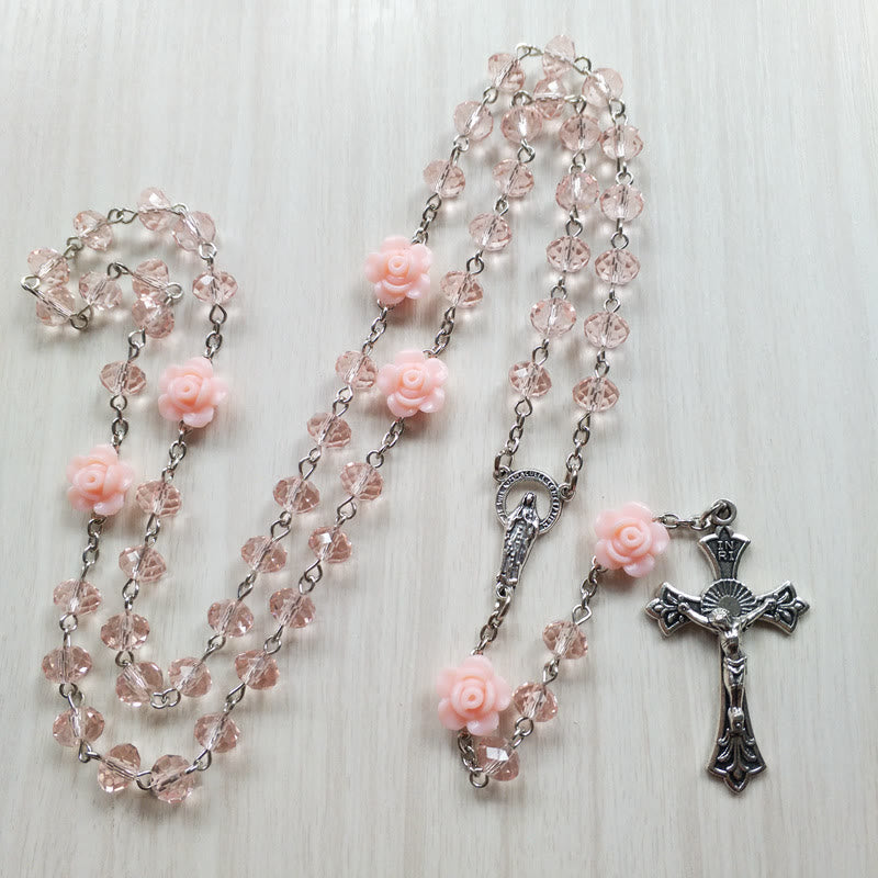 Collier chapelet avec pendentif croix de Jésus en quartz rose Olivenorma