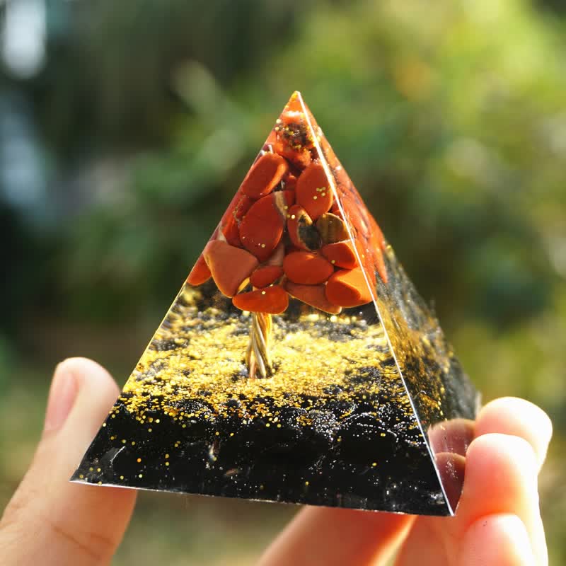 Olivenorma Jaspe rouge Tourmaline noire Arbre de vie Pyramide orgone