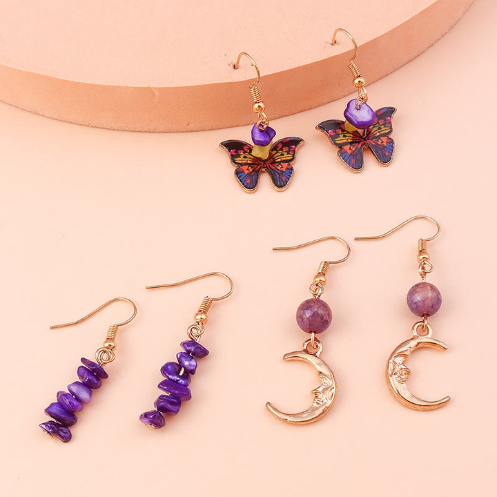 Ensemble de boucles d'oreilles pendantes en forme de papillon et de lune en agate violette améthyste Olivenorma