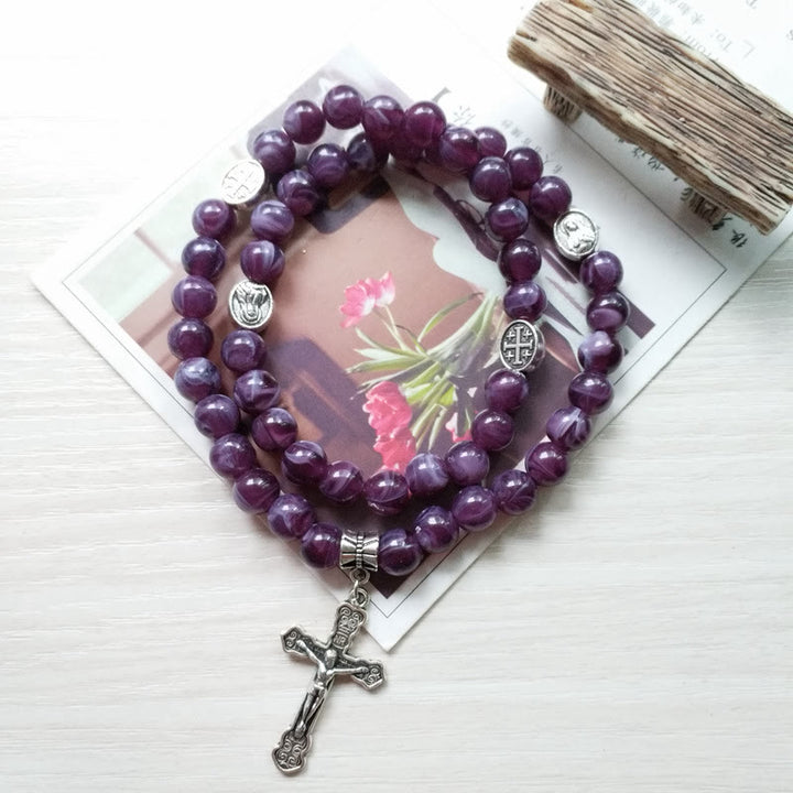 Bracelet chapelet avec pendentif croix en améthyste Olivenorma