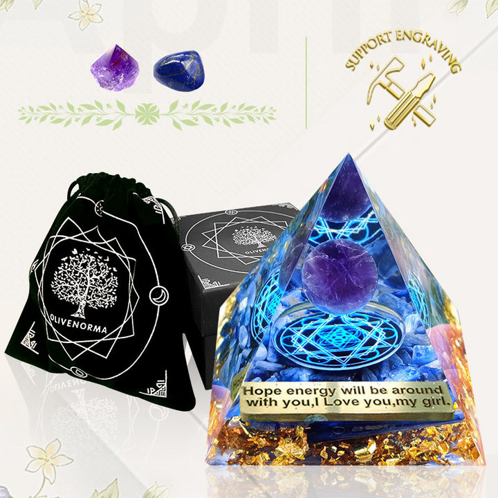 Pyramide d'orgone en cyanite Olivenorma avec boule d'améthyste