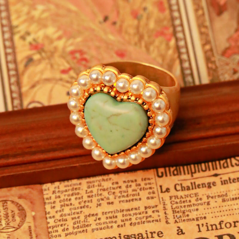 Bague ajustable en forme de cœur avec perle turquoise Olivenorma