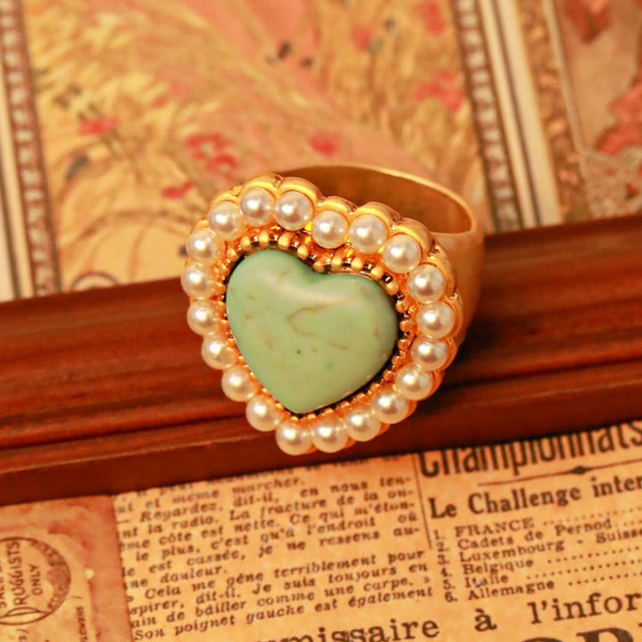 Bague ajustable en forme de cœur avec perle turquoise Olivenorma